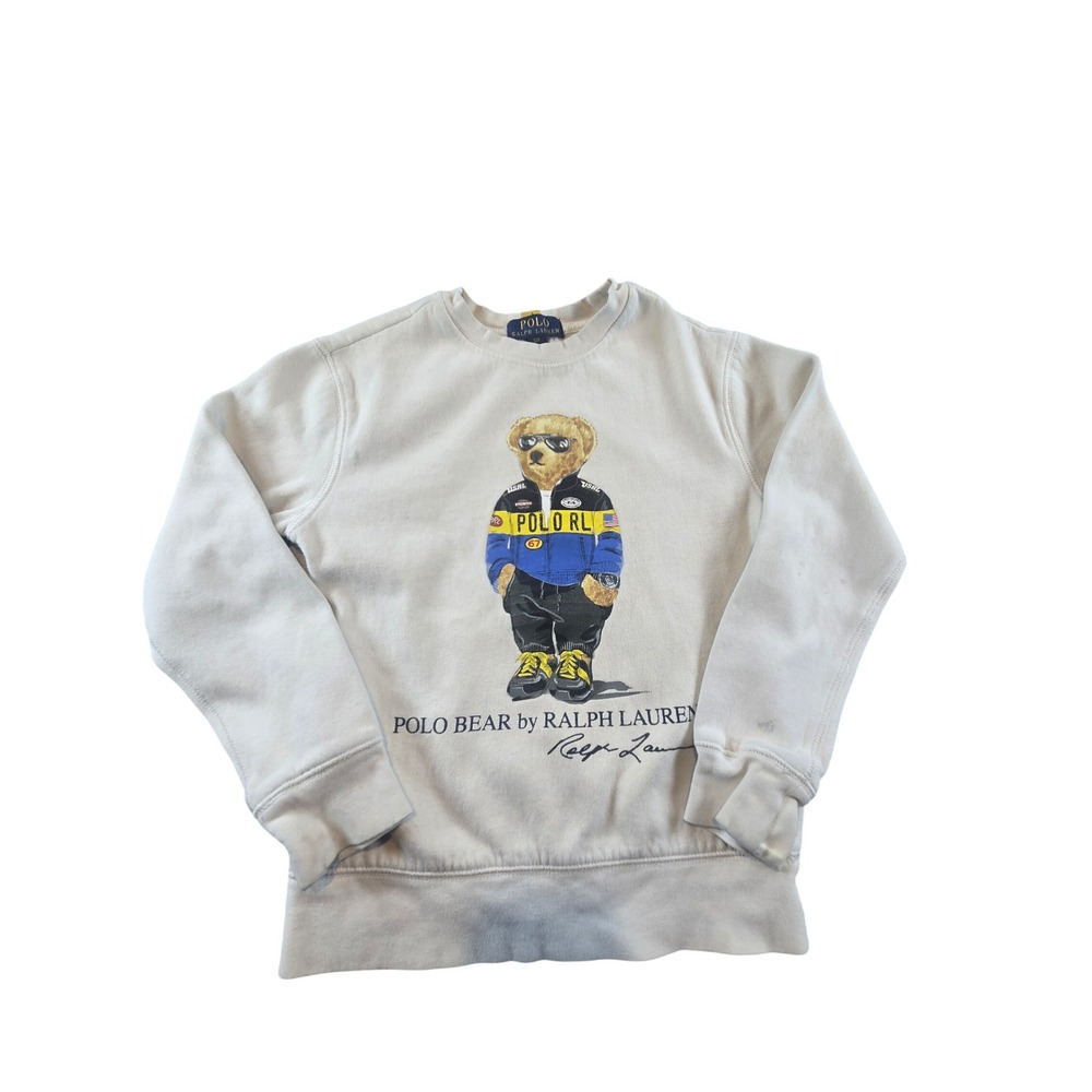 Polo Ralph Lauren Boys Cream Polo Bear Racing Sweatshirt S 8 Crewneck see desc